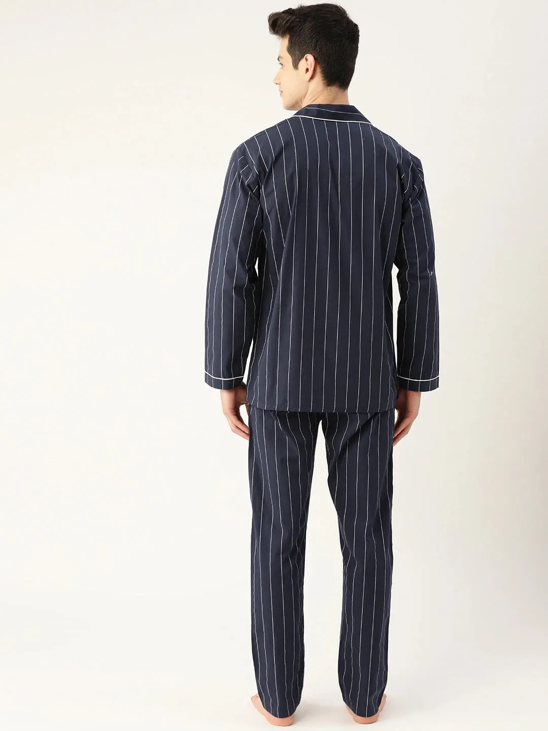 Men Navy Stripes Pure Cotton Regular Fit Night Wear Night Suit