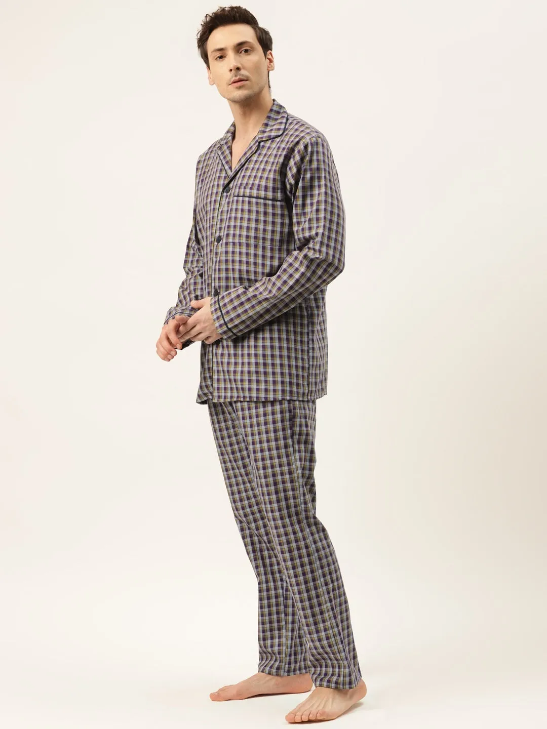 Men Purple Checks Pure Cotton Regular Fit Night Wear Night Suit