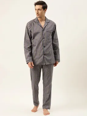 Men Purple Checks Pure Cotton Regular Fit Night Wear Night Suit