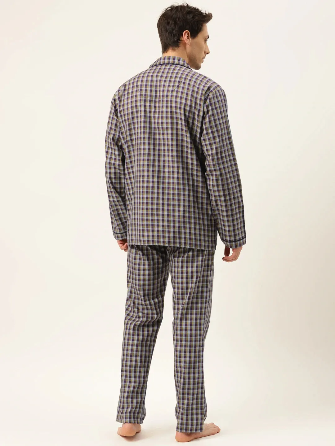 Men Purple Checks Pure Cotton Regular Fit Night Wear Night Suit