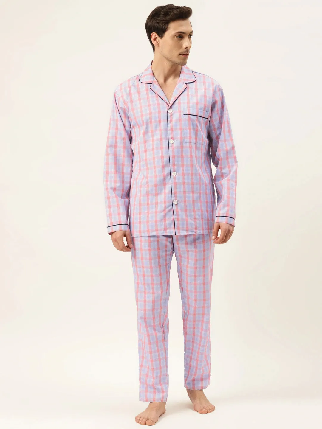 Men Sky Checks Pure Cotton Regular Fit Night Wear Night Suit