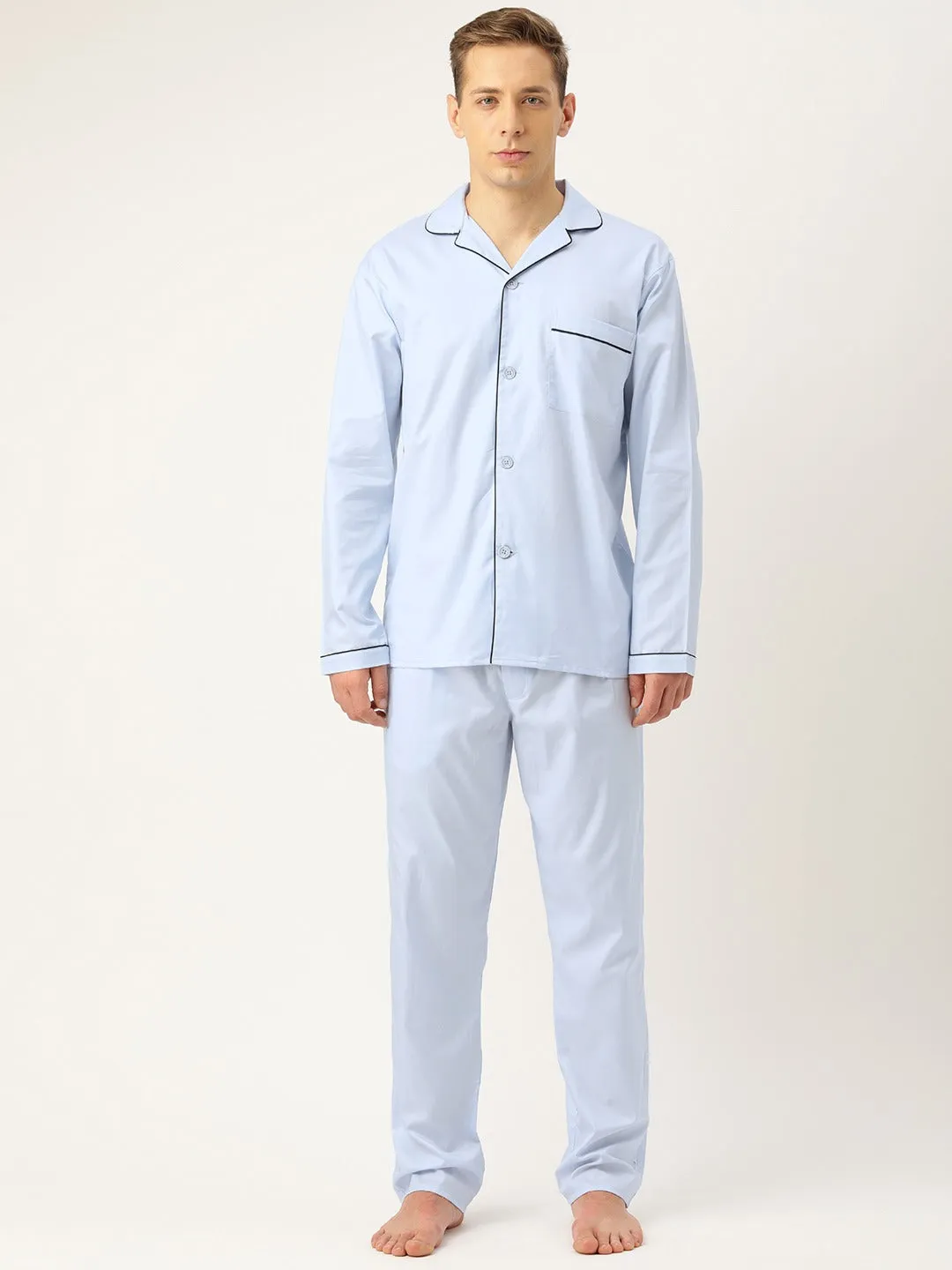 Men Sky Solids Pure Cotton Regular Fit Night Wear Night Suit