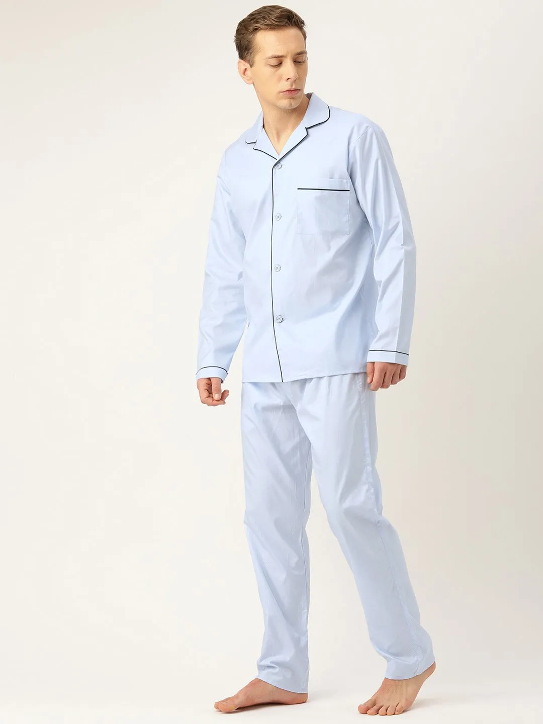 Men Sky Solids Pure Cotton Regular Fit Night Wear Night Suit