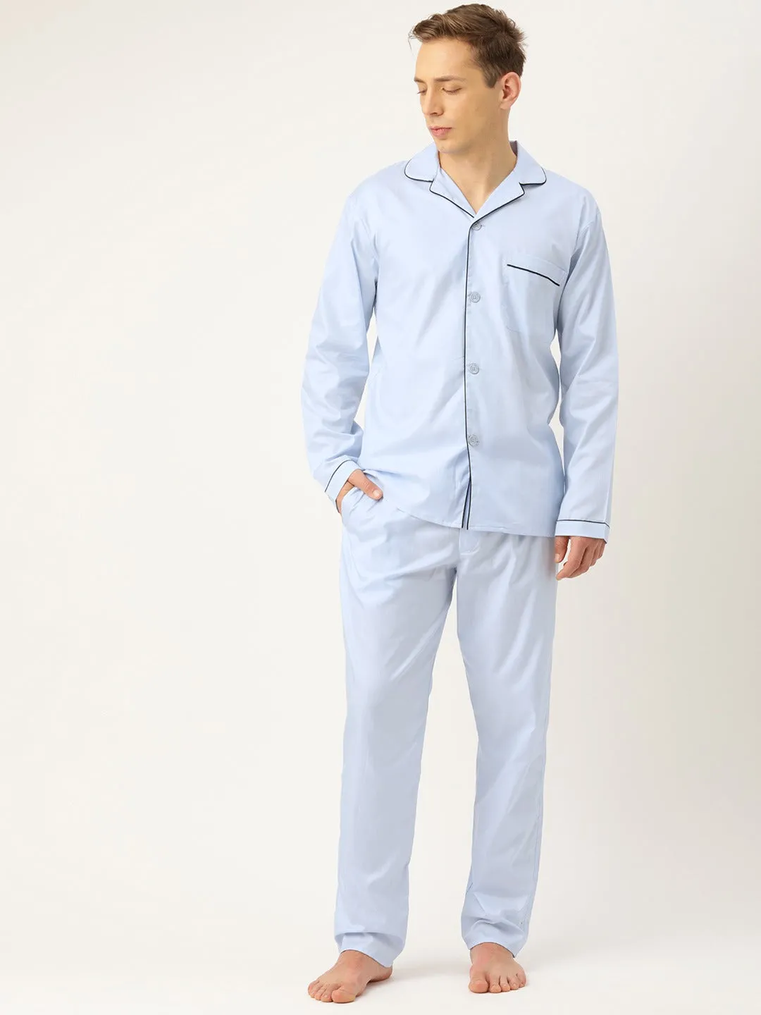 Men Sky Solids Pure Cotton Regular Fit Night Wear Night Suit