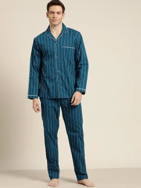 Men Turquoise Stripes Pure Cotton Regular Fit Night Wear Night Suit