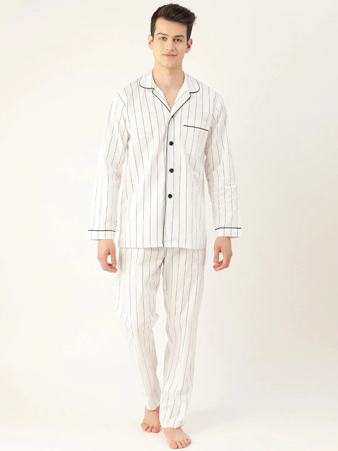 Men White Stripes Pure Cotton Regular Fit Night Wear Night Suit