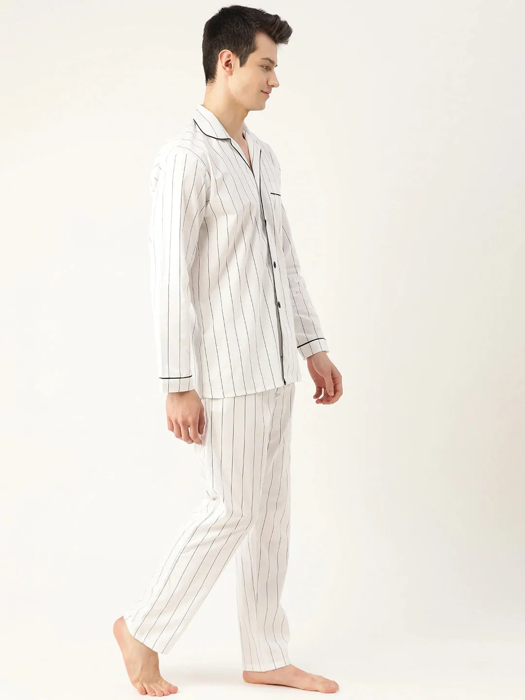 Men White Stripes Pure Cotton Regular Fit Night Wear Night Suit