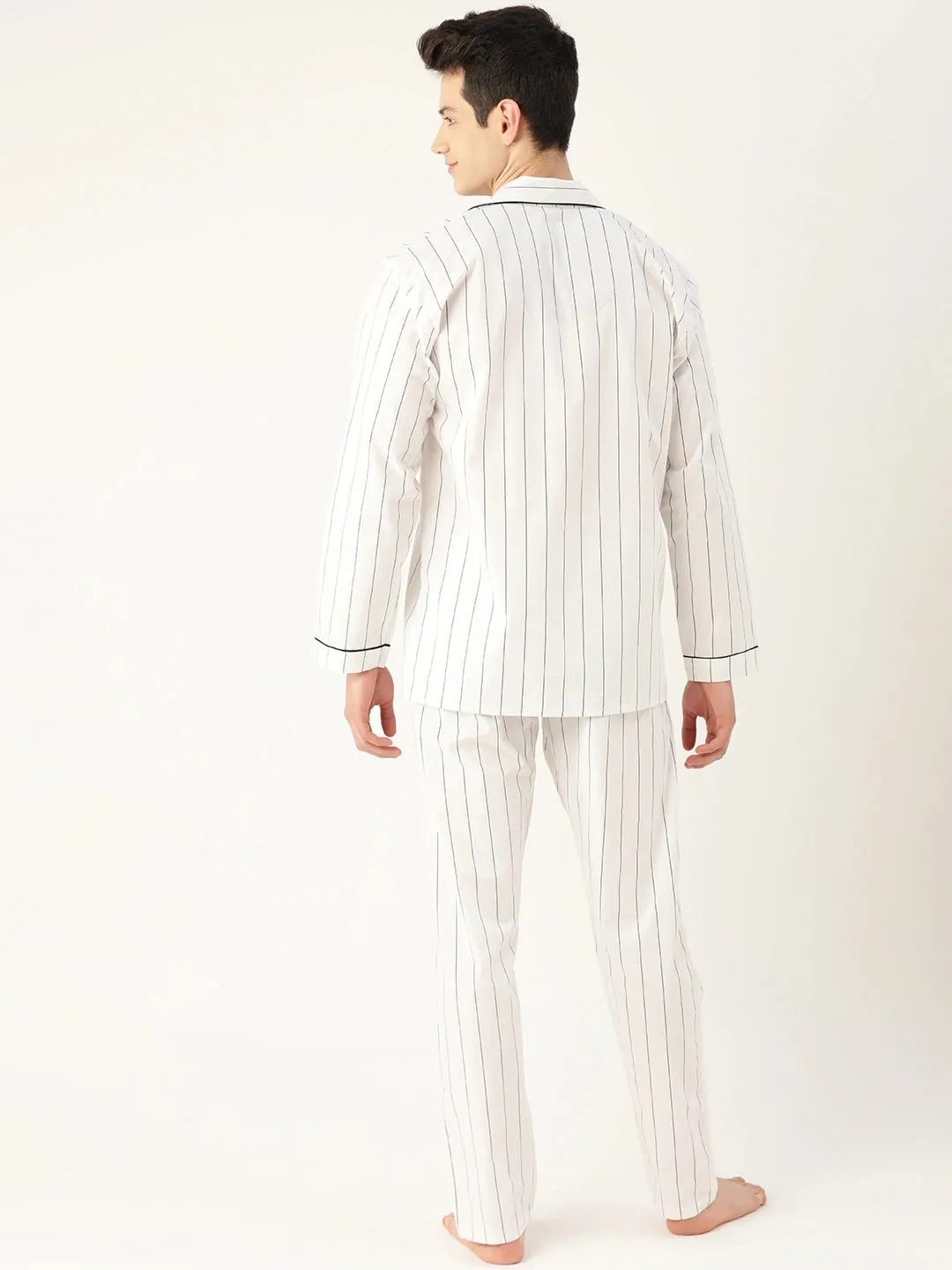 Men White Stripes Pure Cotton Regular Fit Night Wear Night Suit