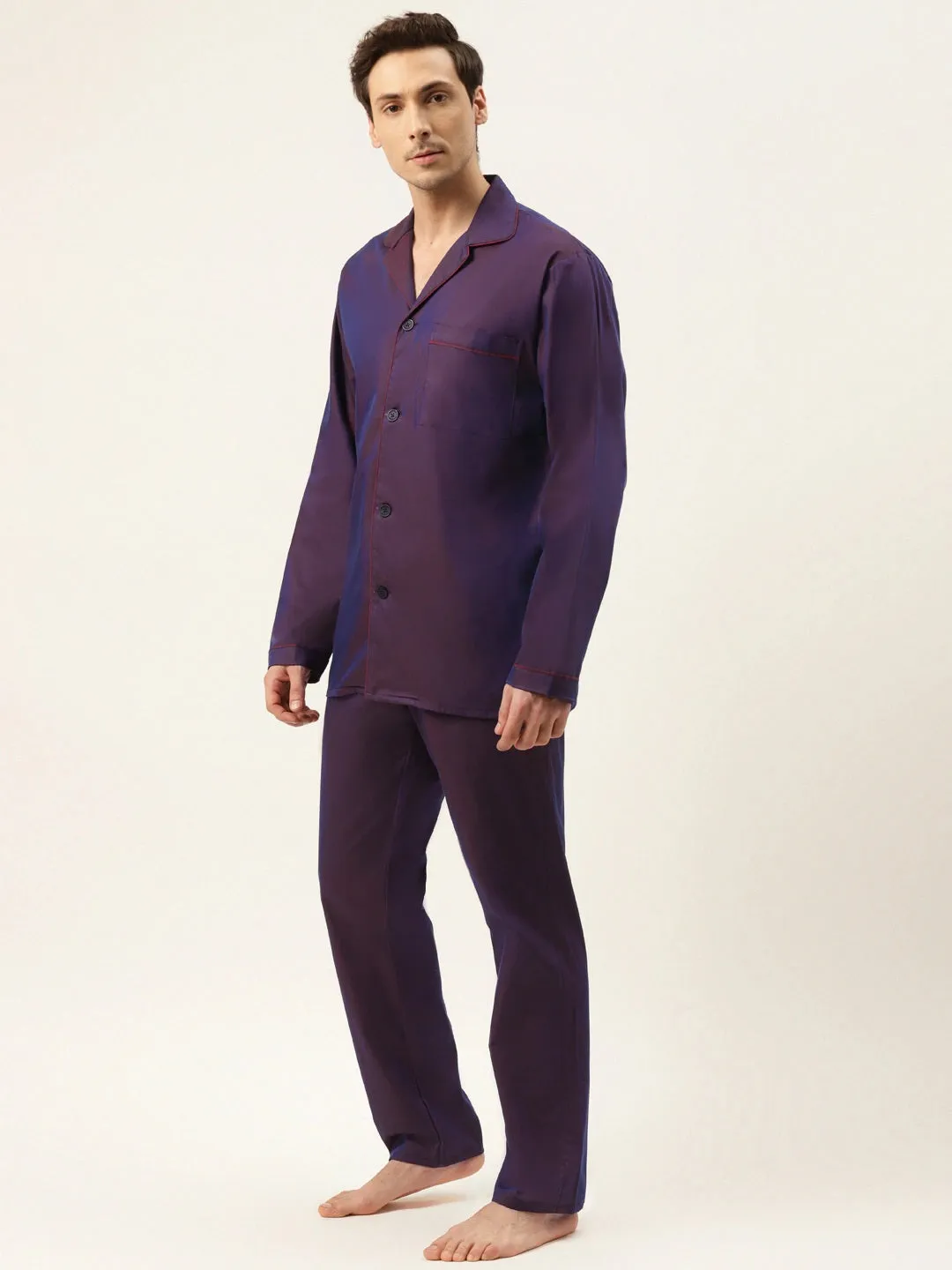 Men Wine Solids Pure Cotton Regular Fit Night Wear Night Suit