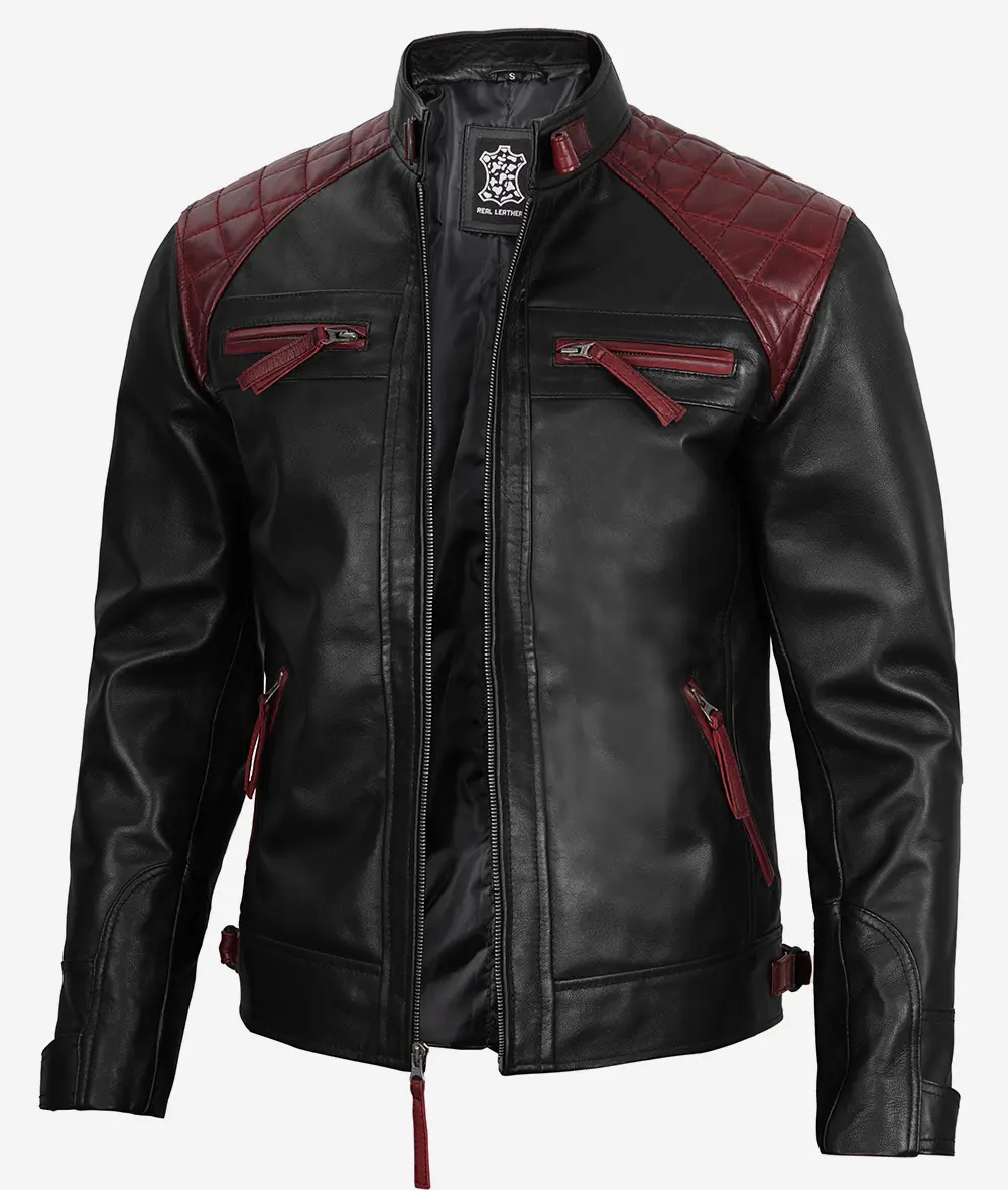 Men's Black and Maroon Biker Leather Jacket