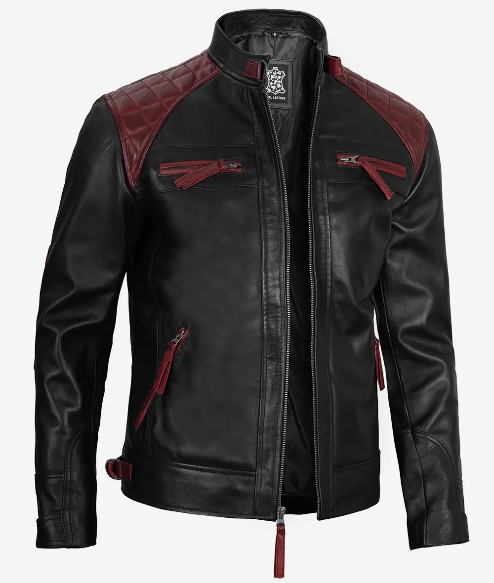 Men's Black and Maroon Biker Leather Jacket