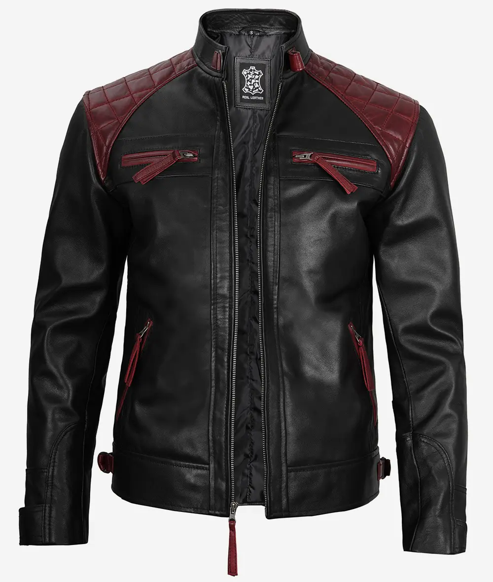 Men's Black and Maroon Biker Leather Jacket