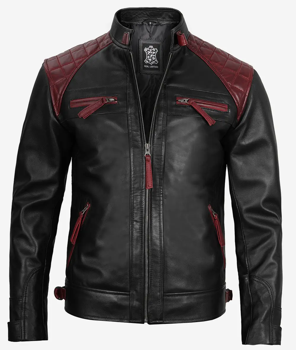 Men's Black and Maroon Biker Leather Jacket