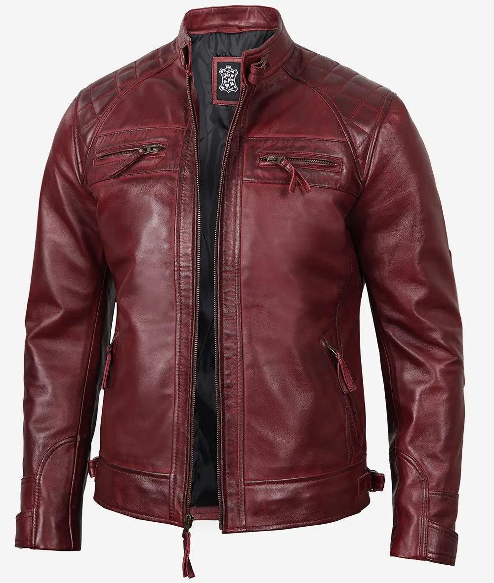 Men's Tall Real Leather Maroon Cafe Racer Jacket - Quilted Shoulder