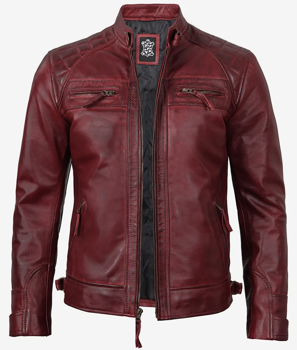 Men's Tall Real Leather Maroon Cafe Racer Jacket - Quilted Shoulder