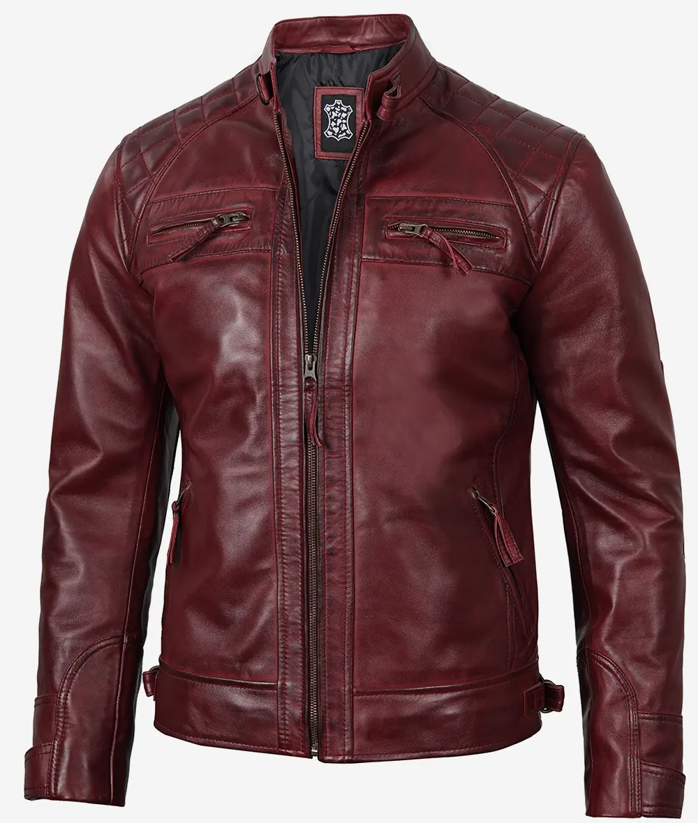 Men's Tall Real Leather Maroon Cafe Racer Jacket - Quilted Shoulder