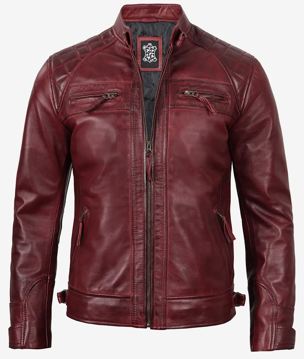 Men's Tall Real Leather Maroon Cafe Racer Jacket - Quilted Shoulder