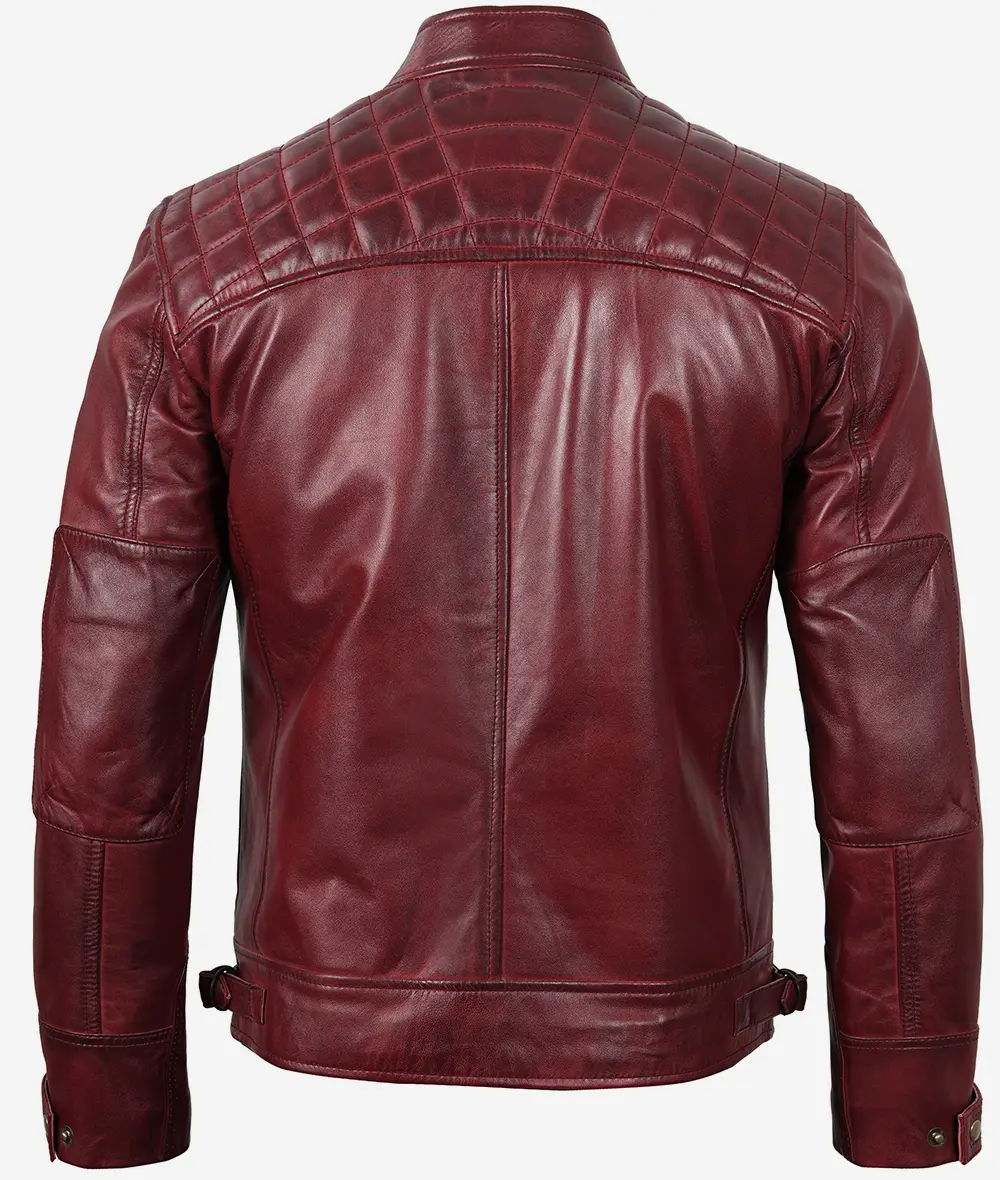 Men's Tall Real Leather Maroon Cafe Racer Jacket - Quilted Shoulder