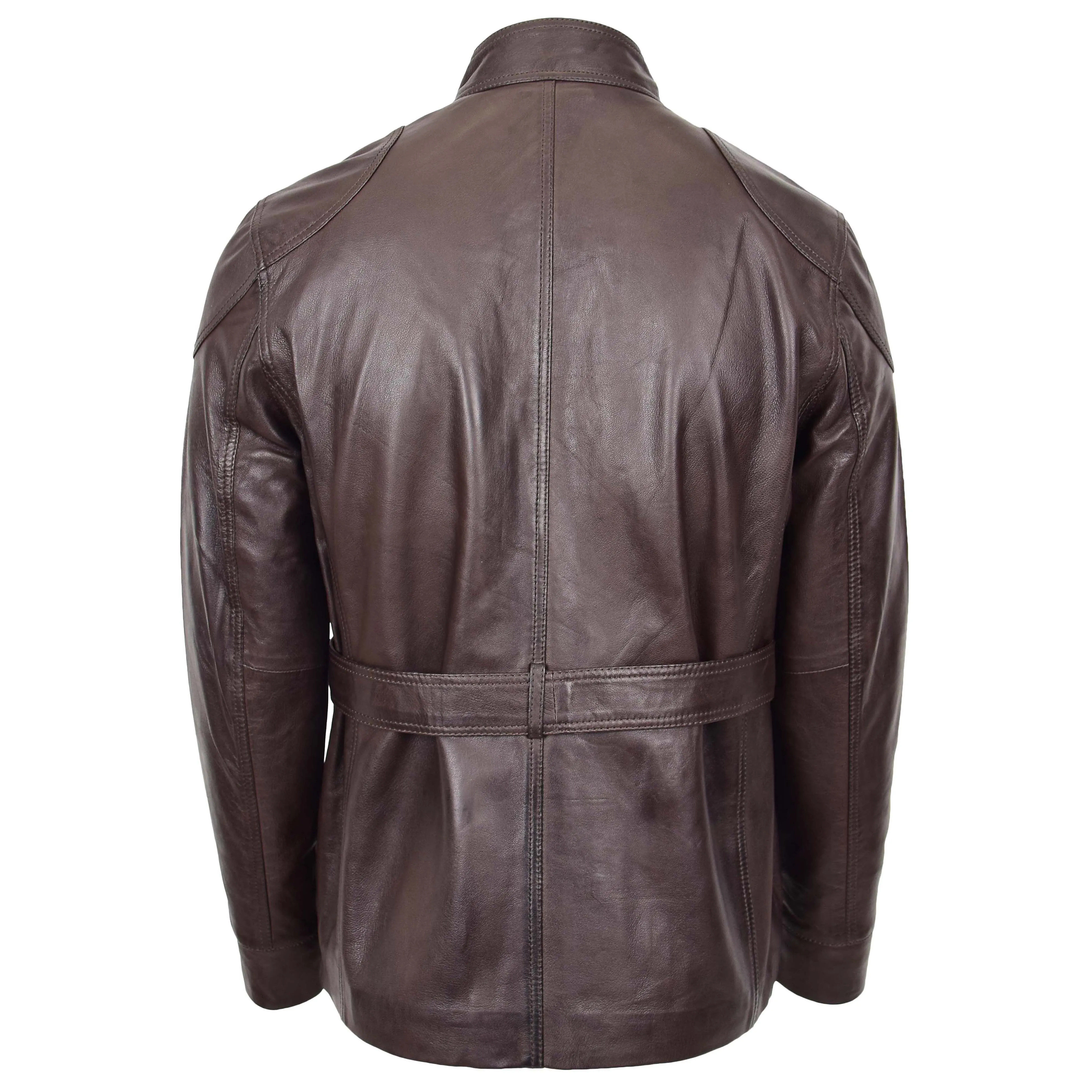 Mens Leather Coat Belted Safari Style Anderson Brown