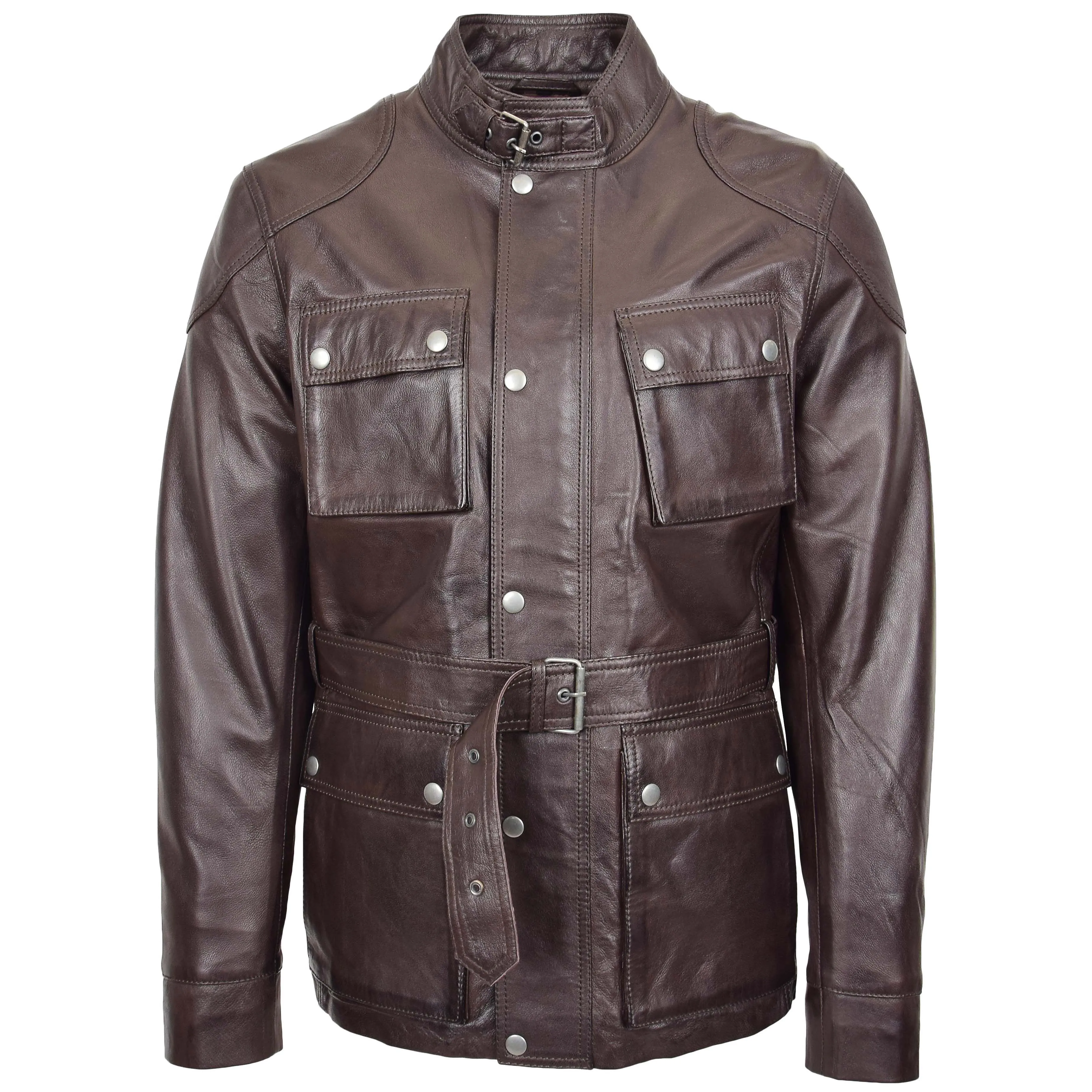 Mens Leather Coat Belted Safari Style Anderson Brown