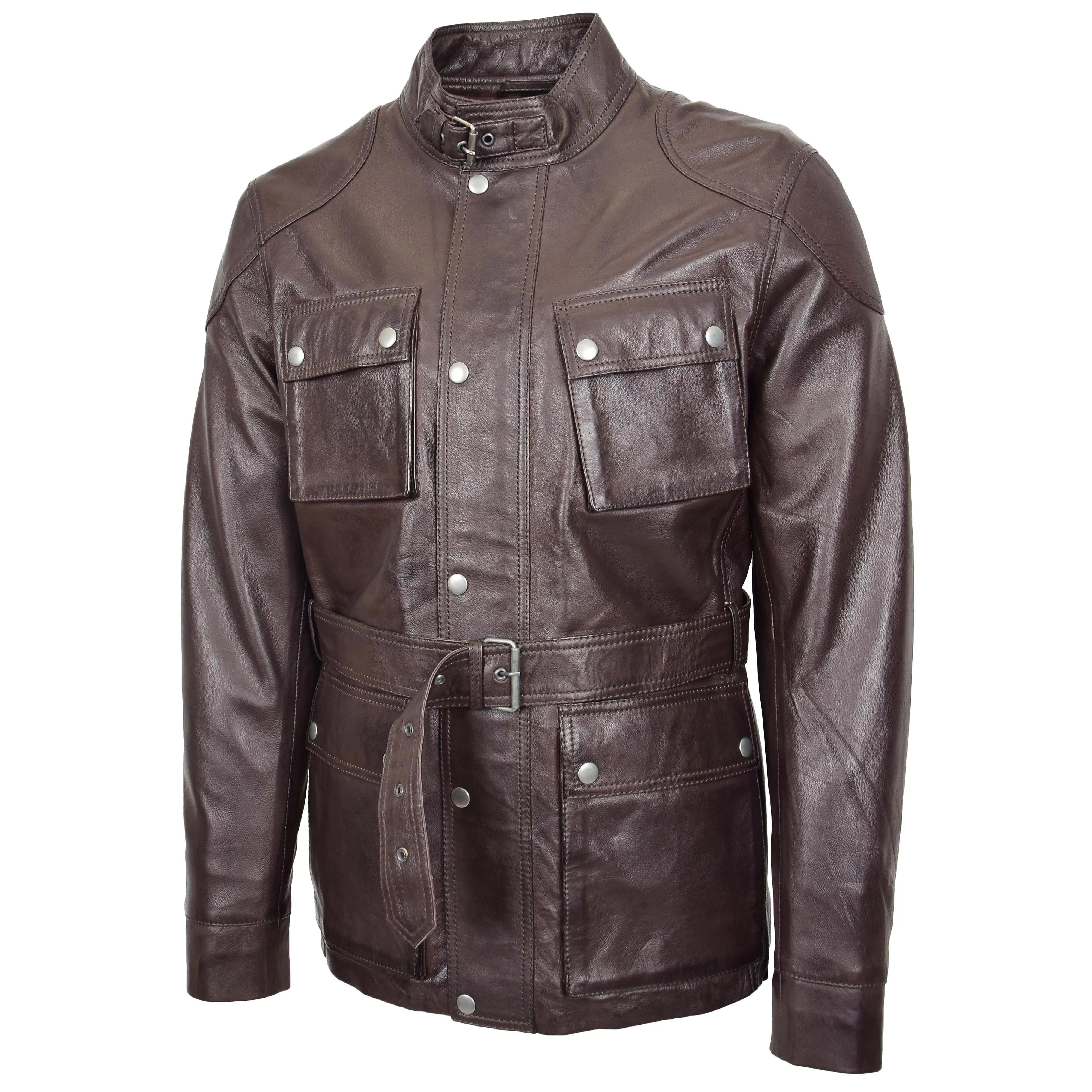 Mens Leather Coat Belted Safari Style Anderson Brown