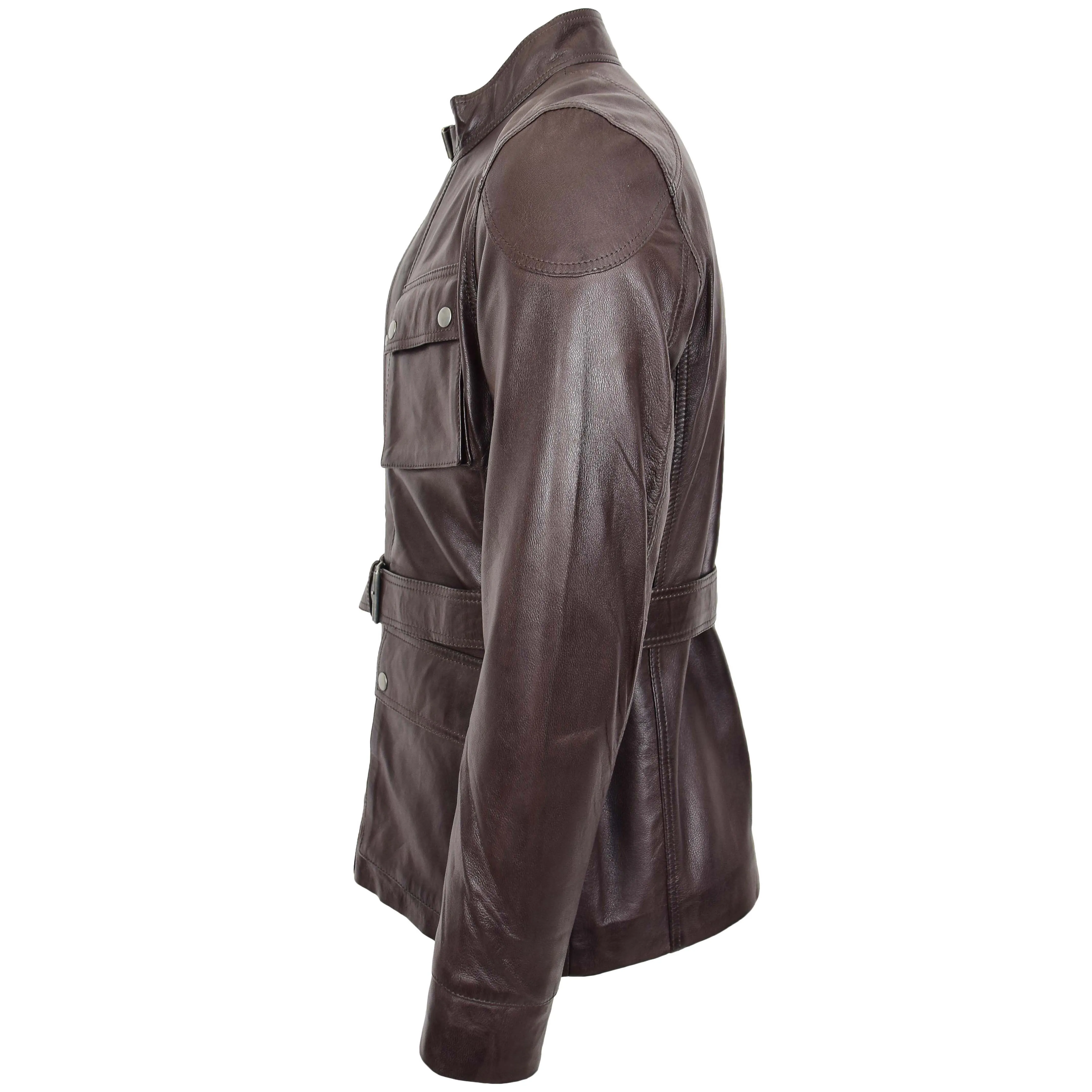 Mens Leather Coat Belted Safari Style Anderson Brown