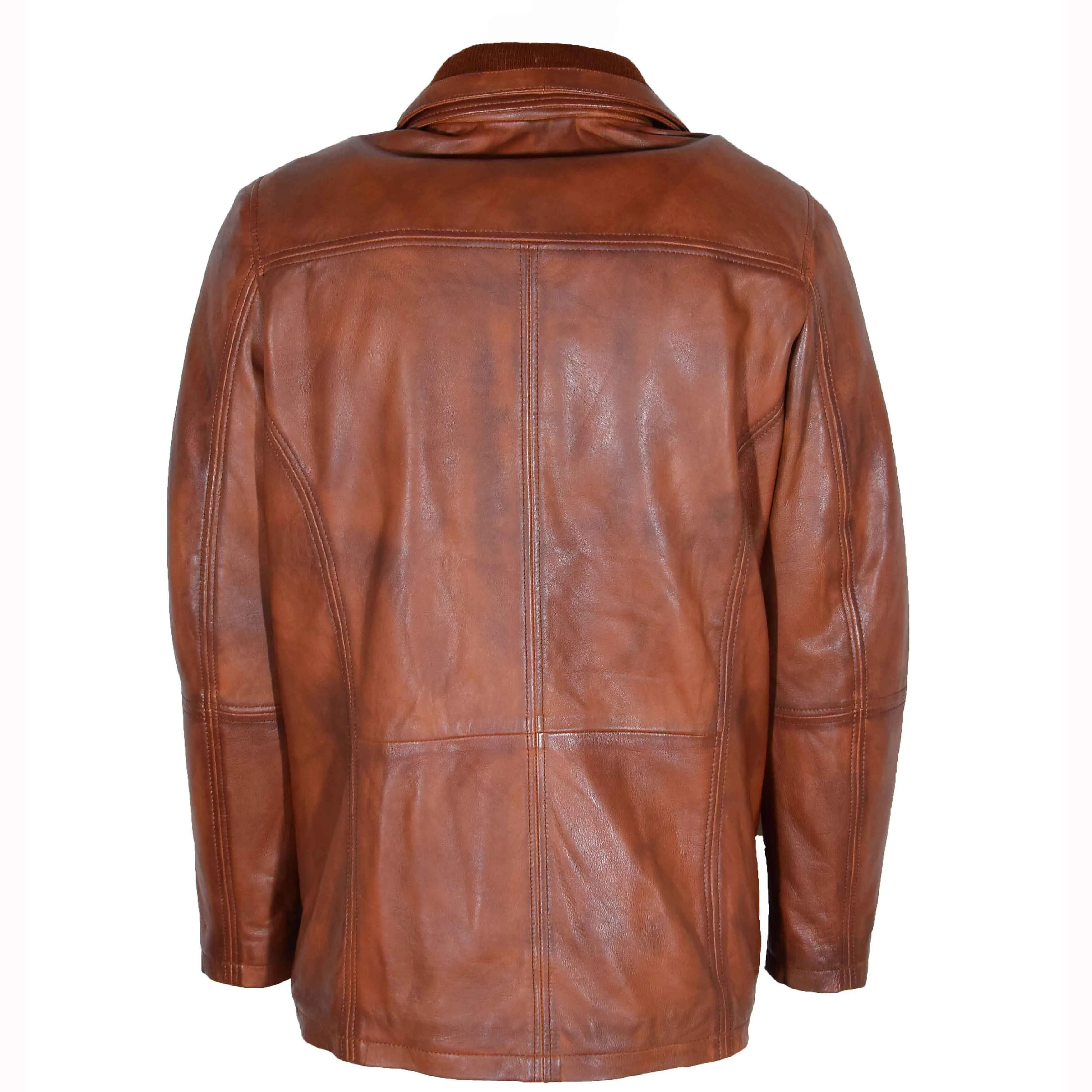 Mens Real Leather Coat Detachable Collar Lining George Cognac