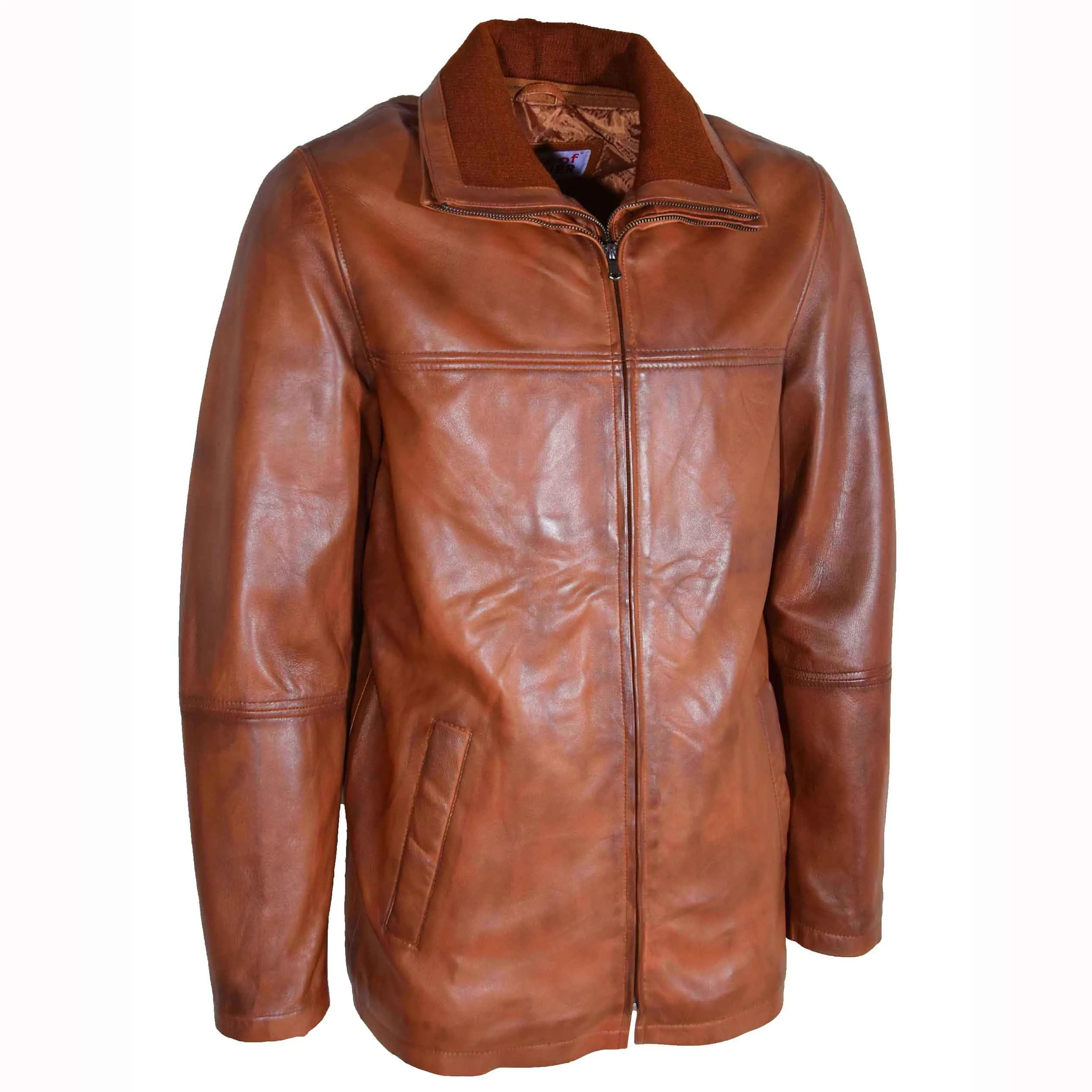 Mens Real Leather Coat Detachable Collar Lining George Cognac