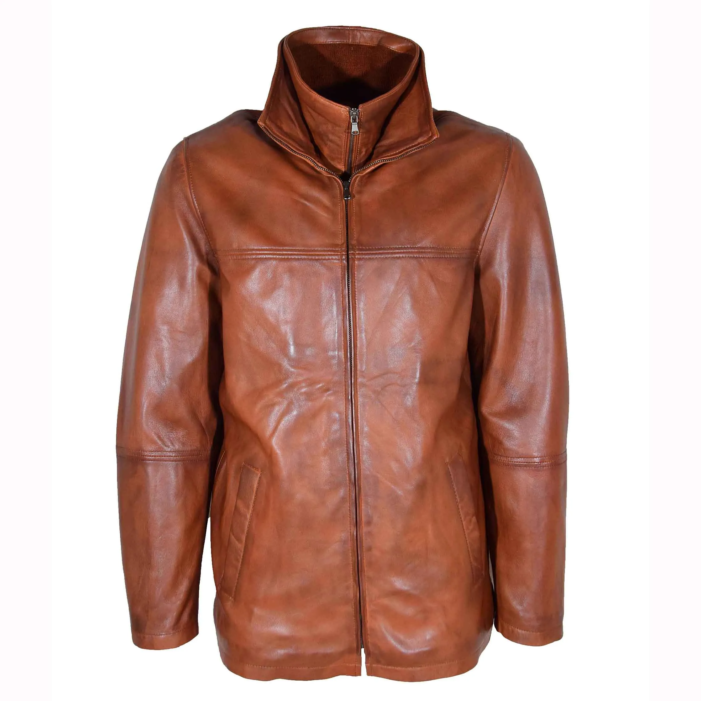 Mens Real Leather Coat Detachable Collar Lining George Cognac