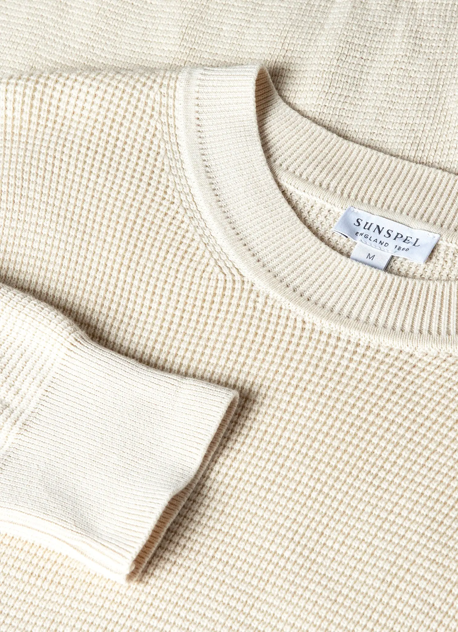 Men's Waffle Stitch Crew Neck Jumper in Ecru