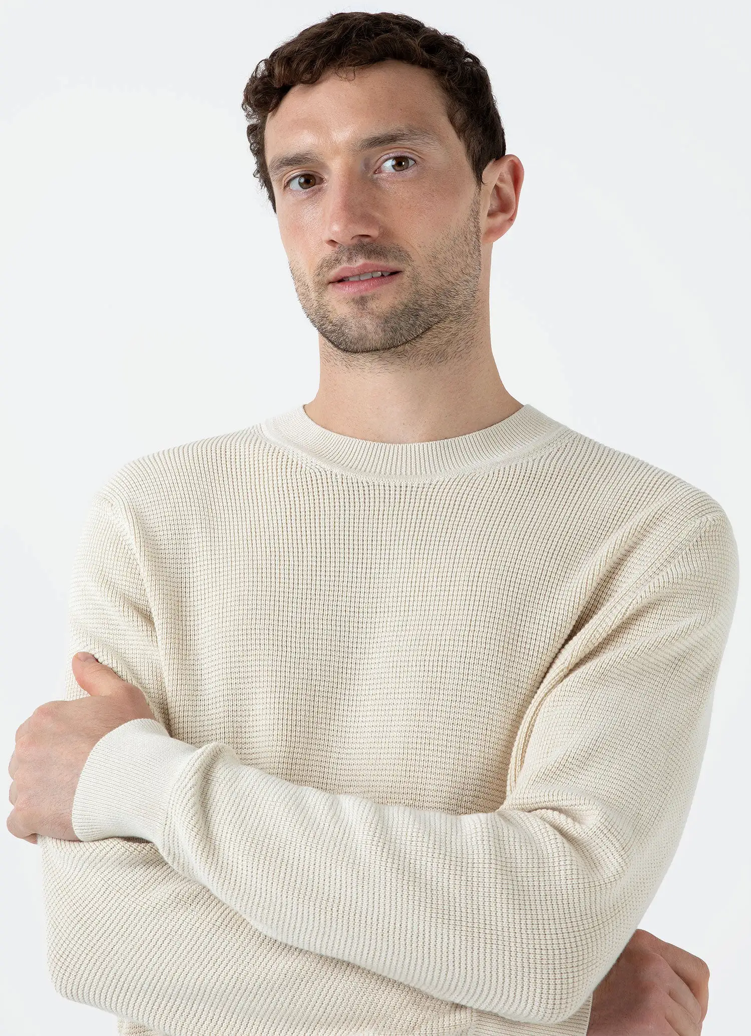 Men's Waffle Stitch Crew Neck Jumper in Ecru