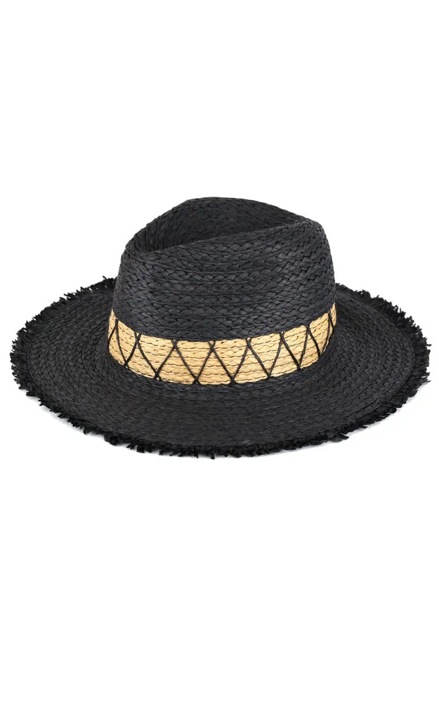 MH0150 CHEVRON BAND FRAYED TWO TONE STRAW SUN HAT