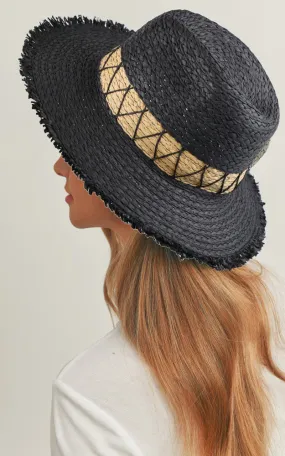 MH0150 CHEVRON BAND FRAYED TWO TONE STRAW SUN HAT