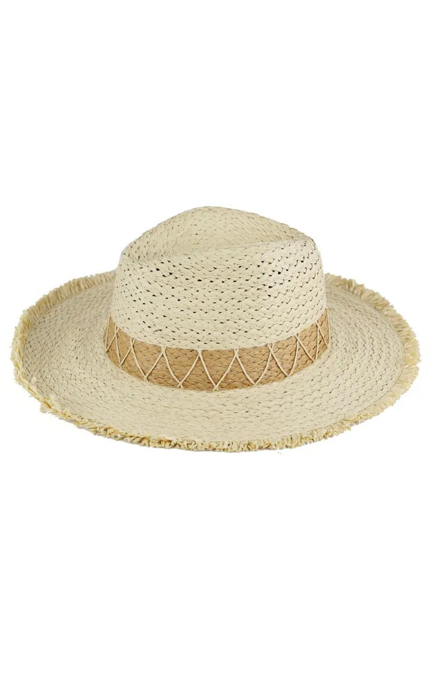 MH0150 CHEVRON BAND FRAYED TWO TONE STRAW SUN HAT