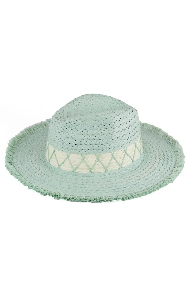 MH0150 CHEVRON BAND FRAYED TWO TONE STRAW SUN HAT