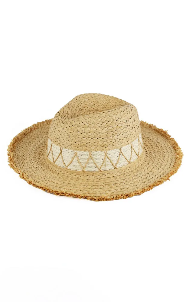 MH0150 CHEVRON BAND FRAYED TWO TONE STRAW SUN HAT