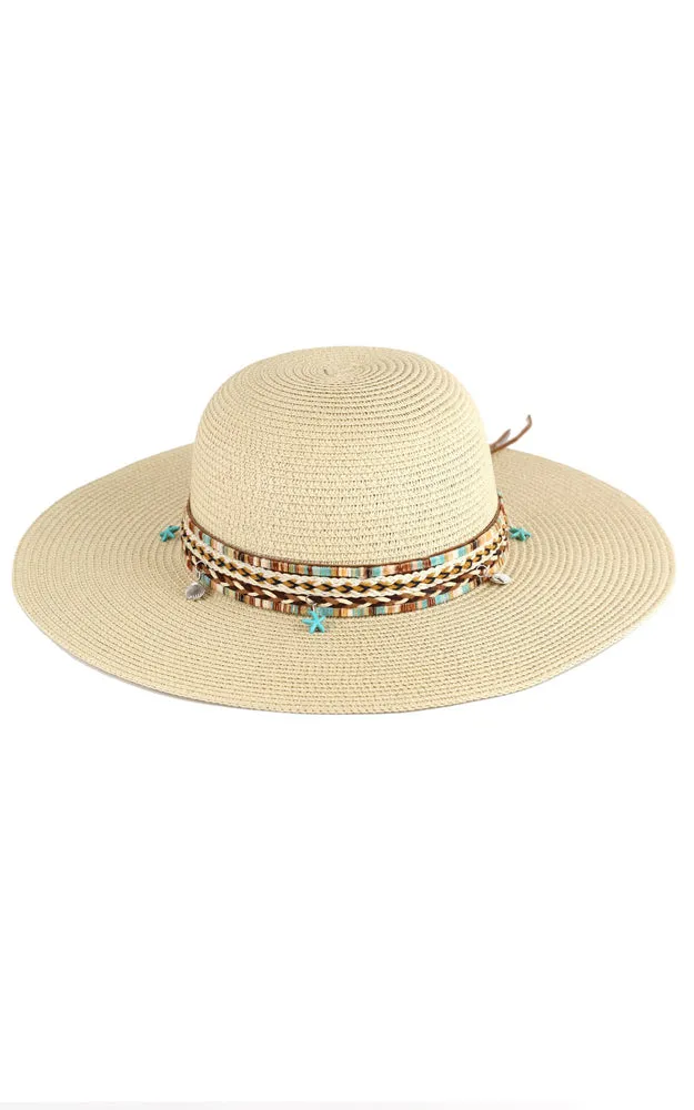 MH0161 FLOPPY STRAW HAT WITH BOHO AND SEA-LIFE BAND