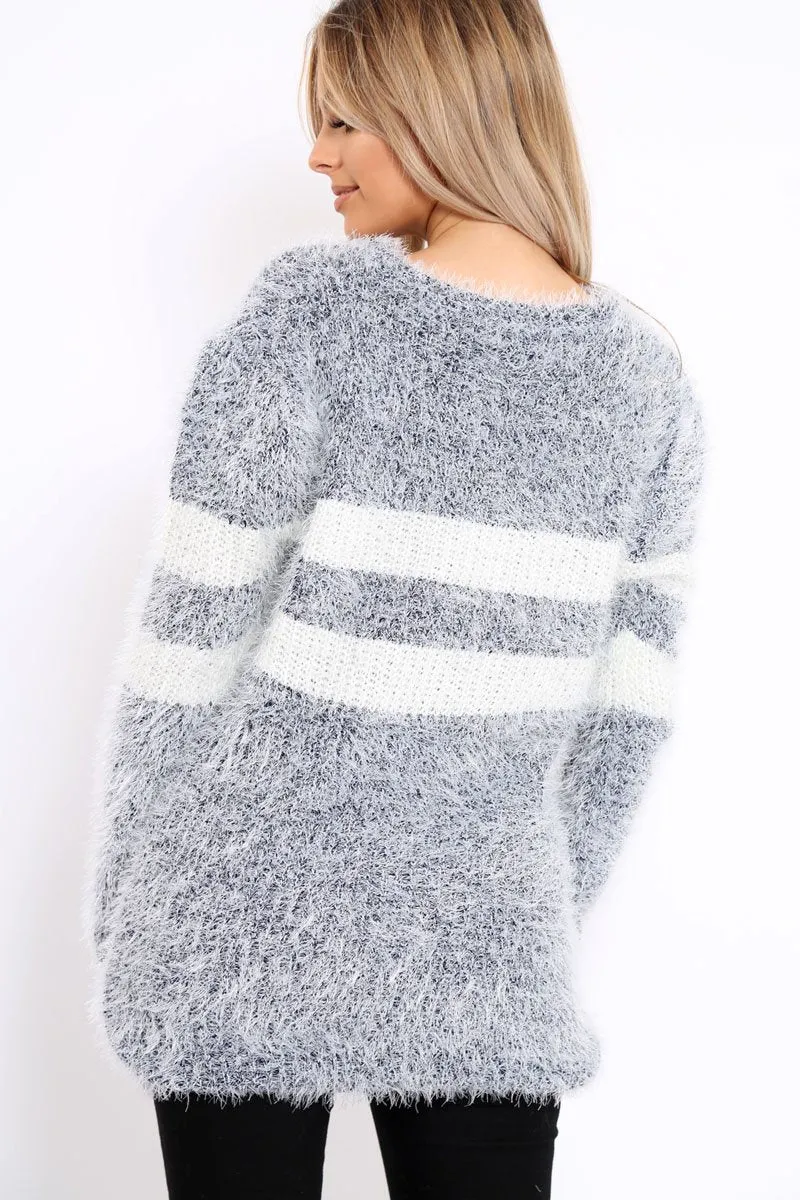 Navy Fur Knit Wide Stripe Jumper Dress - Keeley