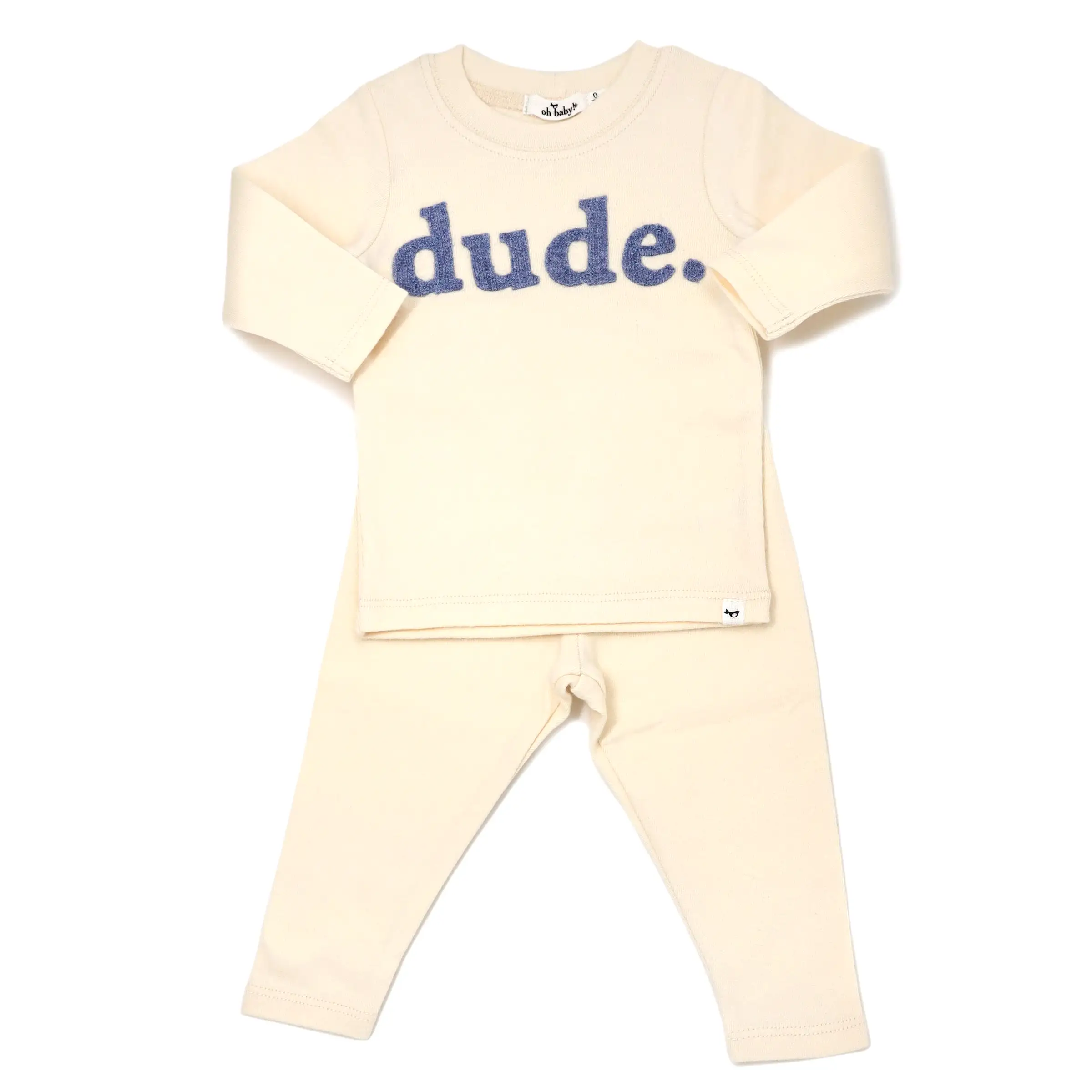 oh baby! Long Sleeve Two Piece Set Ribbed dude Applique  - Vanilla