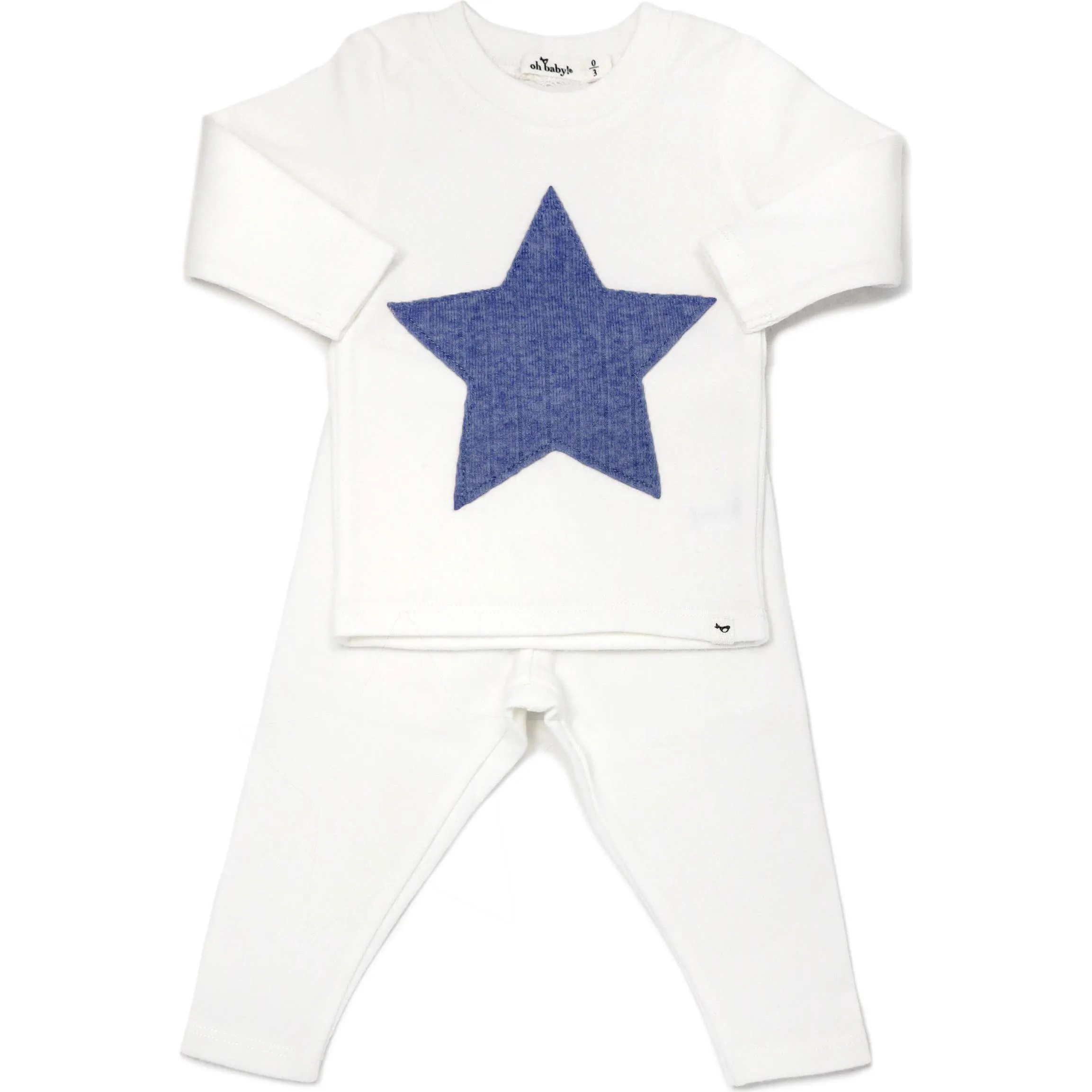 oh baby! Ribbed Star Blue Heather Long Sleeve Two Piece Set, Cream