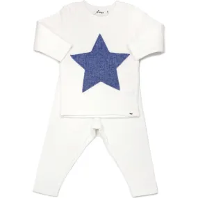 oh baby! Ribbed Star Blue Heather Long Sleeve Two Piece Set, Cream