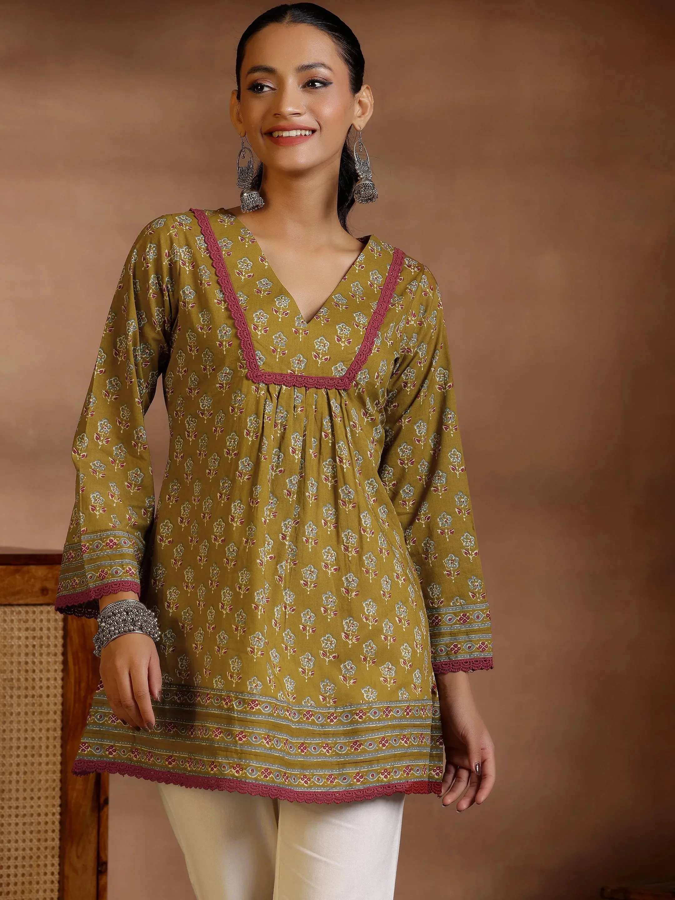 Olive Printed Cotton A-Line Kurti