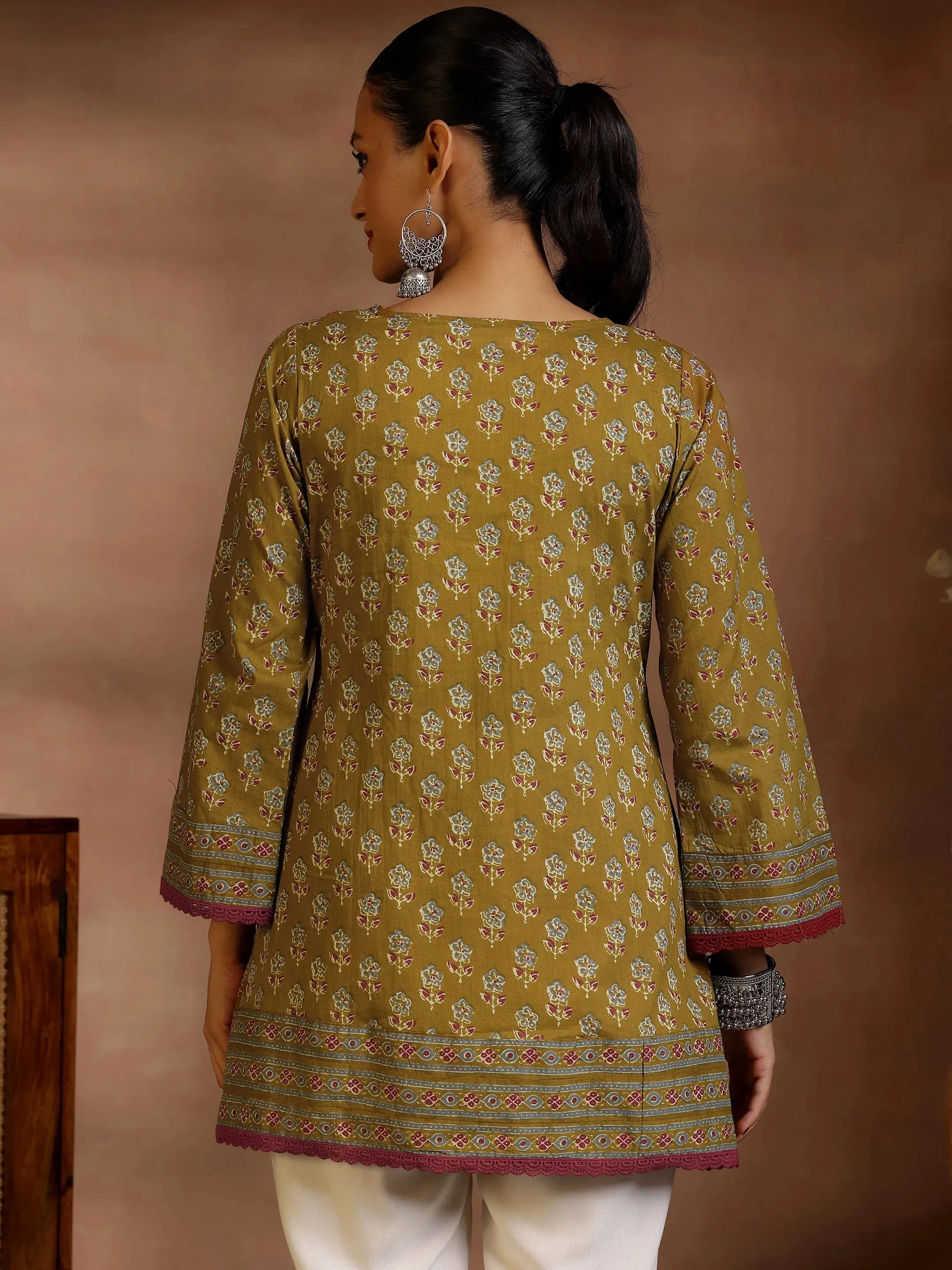 Olive Printed Cotton A-Line Kurti