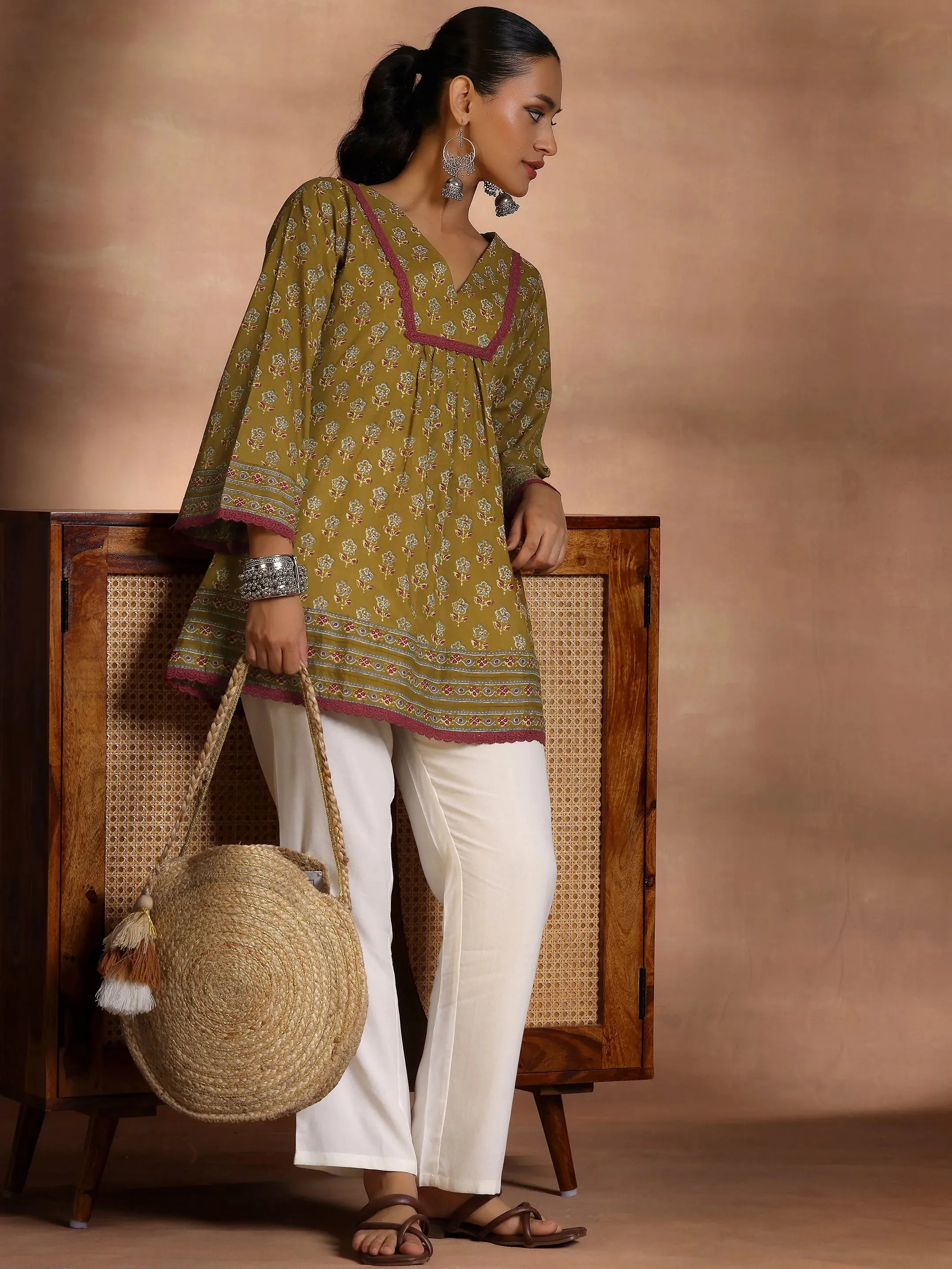 Olive Printed Cotton A-Line Kurti