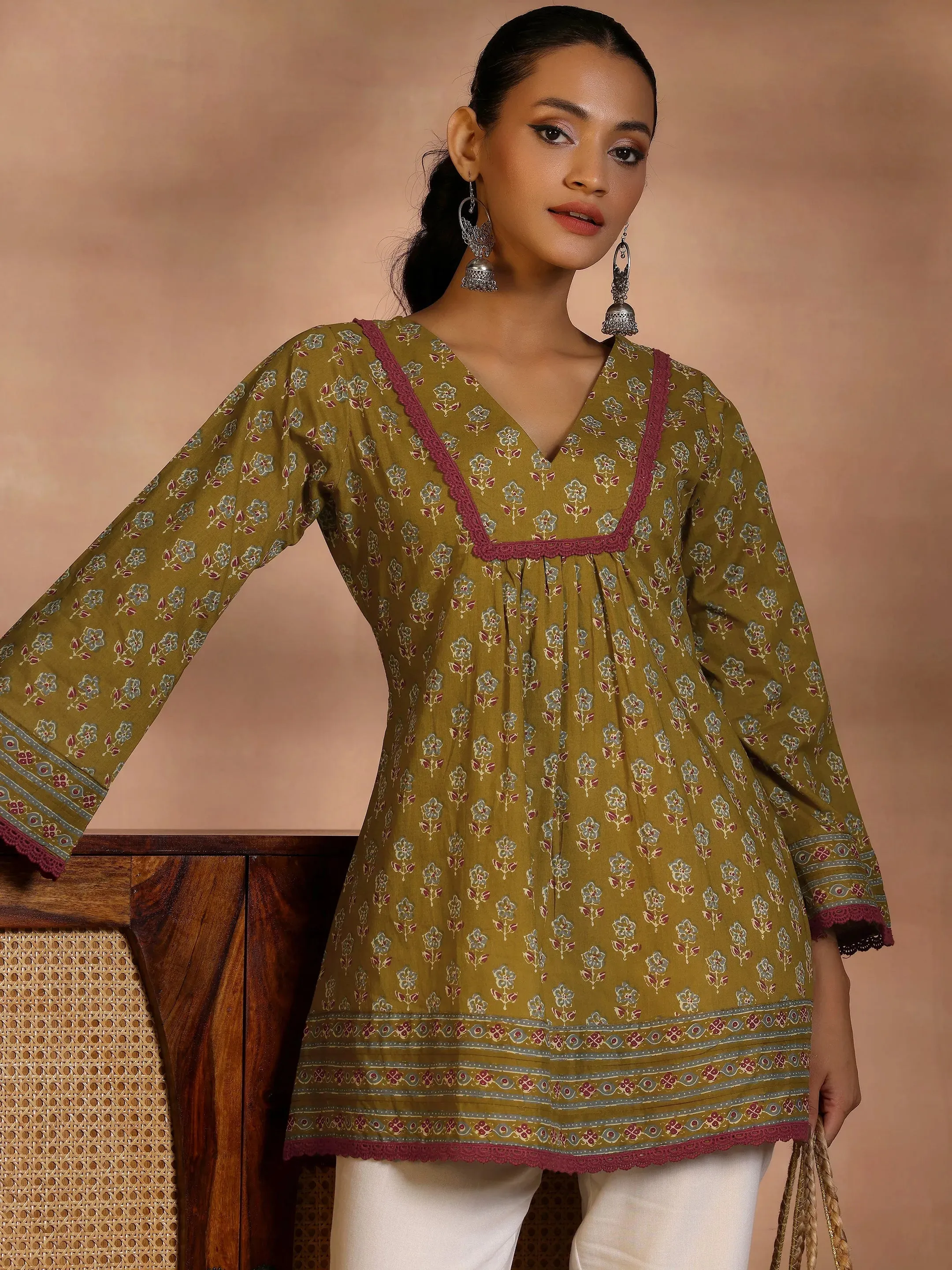 Olive Printed Cotton A-Line Kurti