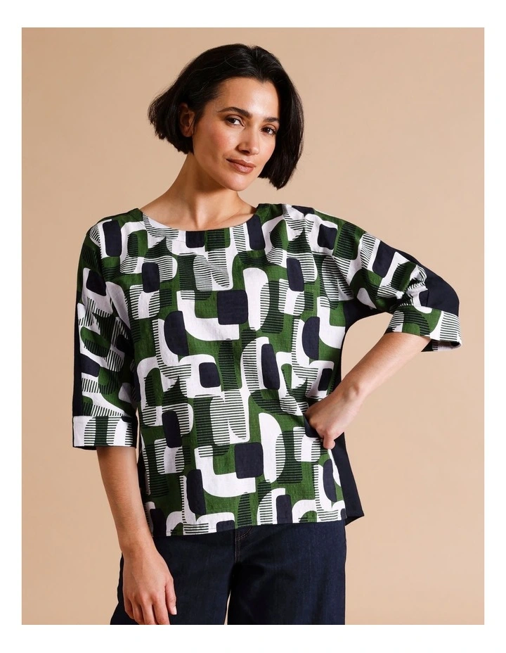 Organic Cotton Blend 3/4 Magyar Sleeve Woven Front Tee With Knit Back In Navy/white/green Geometric