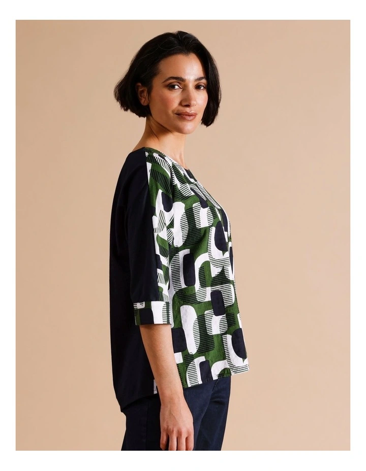 Organic Cotton Blend 3/4 Magyar Sleeve Woven Front Tee With Knit Back In Navy/white/green Geometric