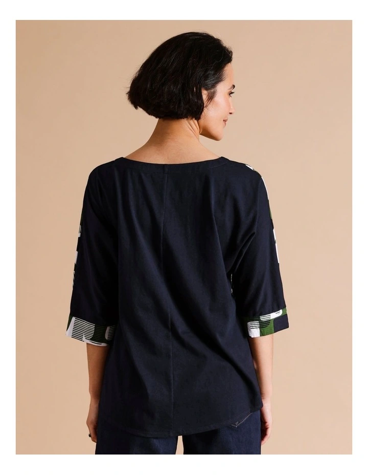 Organic Cotton Blend 3/4 Magyar Sleeve Woven Front Tee With Knit Back In Navy/white/green Geometric