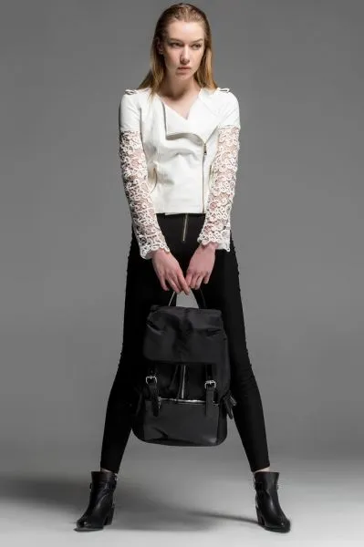 Perfecto Leather Jacket for Women with Lace Flower Sleeves - White