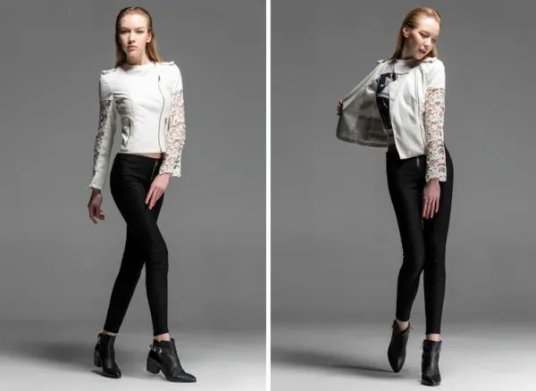 Perfecto Leather Jacket for Women with Lace Flower Sleeves - White